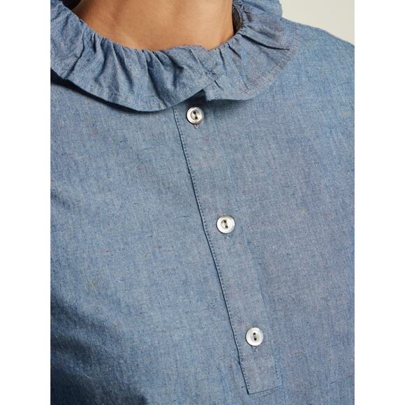 A.P.C. Agathe Ruffle Trimmed Cotton Blend Blouse Blue Top Shirt - Picture 5 of 14